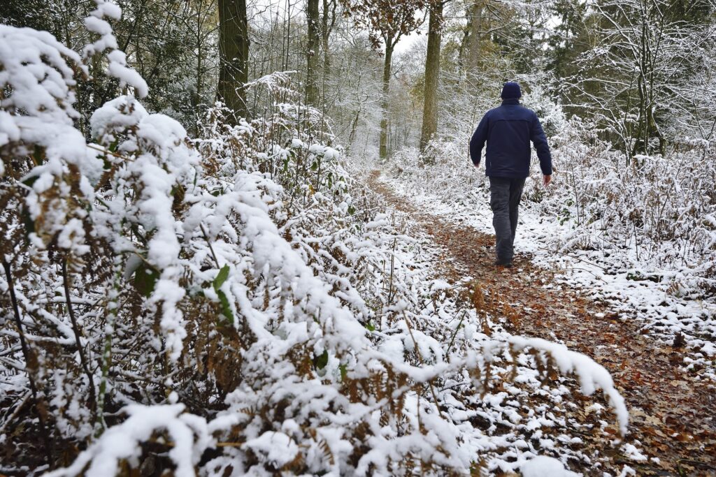 Wandelaar in de sneeuw in natuurgebied Döttinkrade